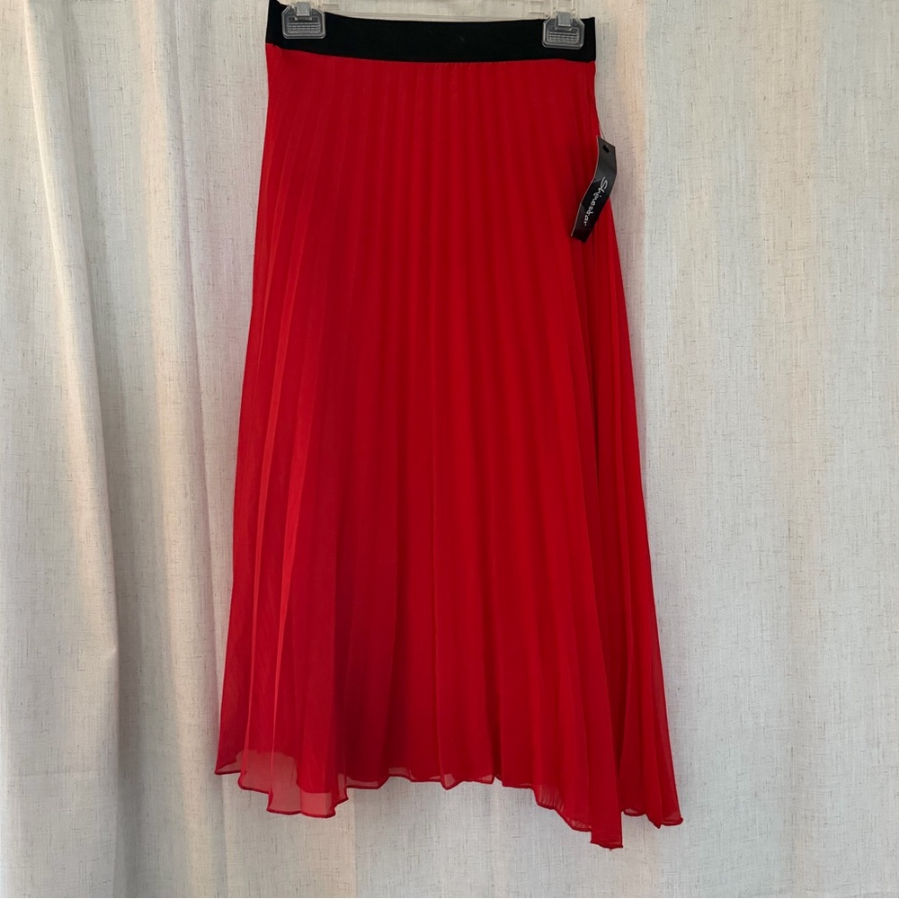Shinestar Red Pleated Midi Skirt with Black Waistband